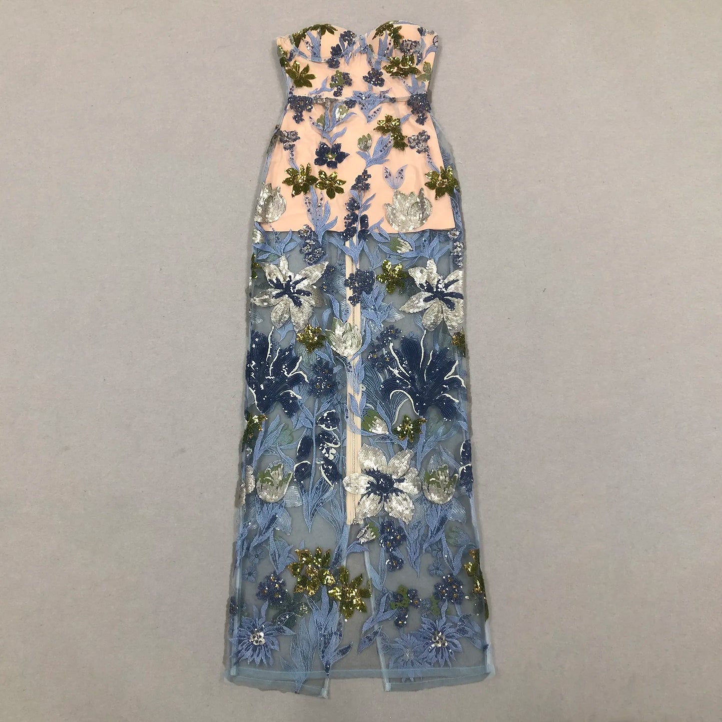 Custom Women's Boutique Clothing Embroidered Dress Elegant Long Transparent Design Handmade Sequin Embroidery Floral Dress