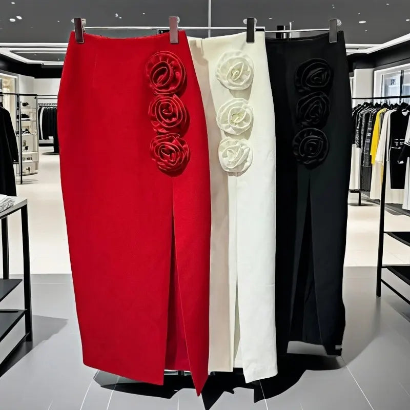 High Quality Women's Winter Wear 3D Flowers Red Maxi Long Slit Casual Dress