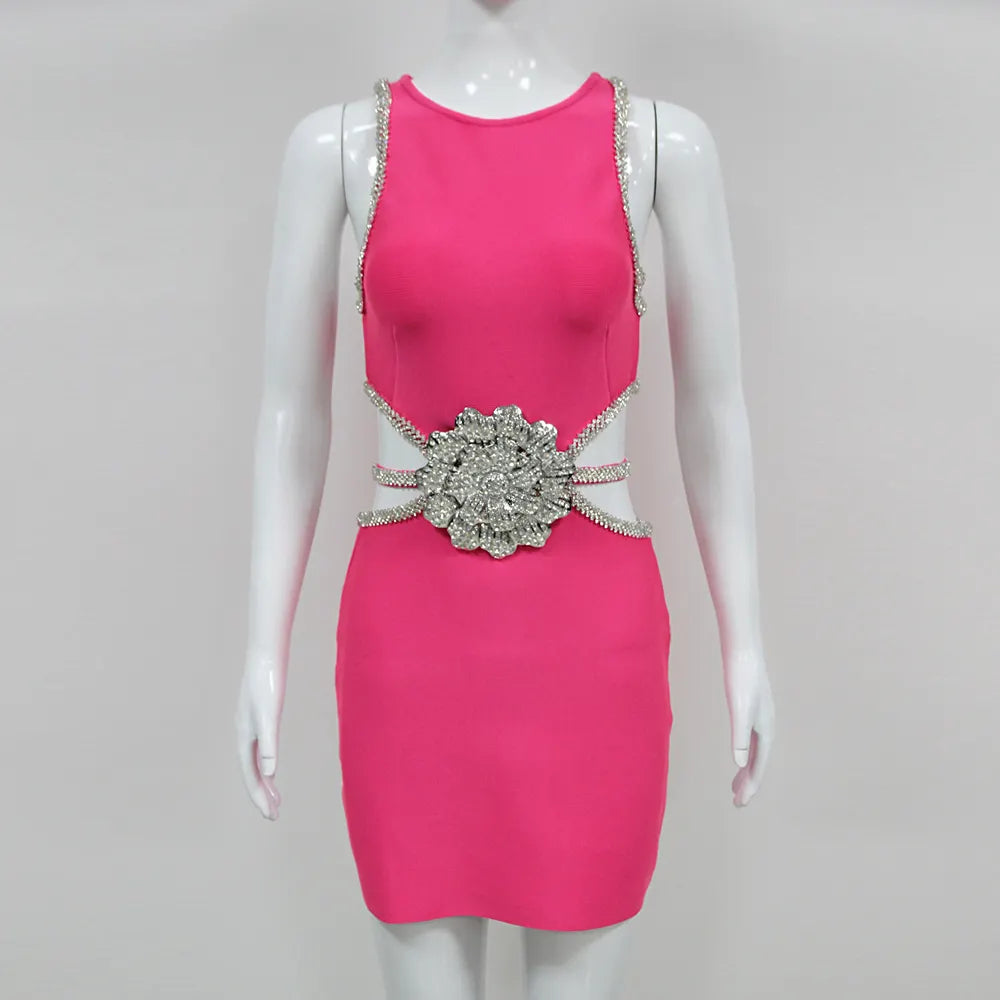 Fashion Sexy Women's Short Party Dress Sleeveless Black Mini Evening Dress Luxury Club Dress Rhinestone Floral