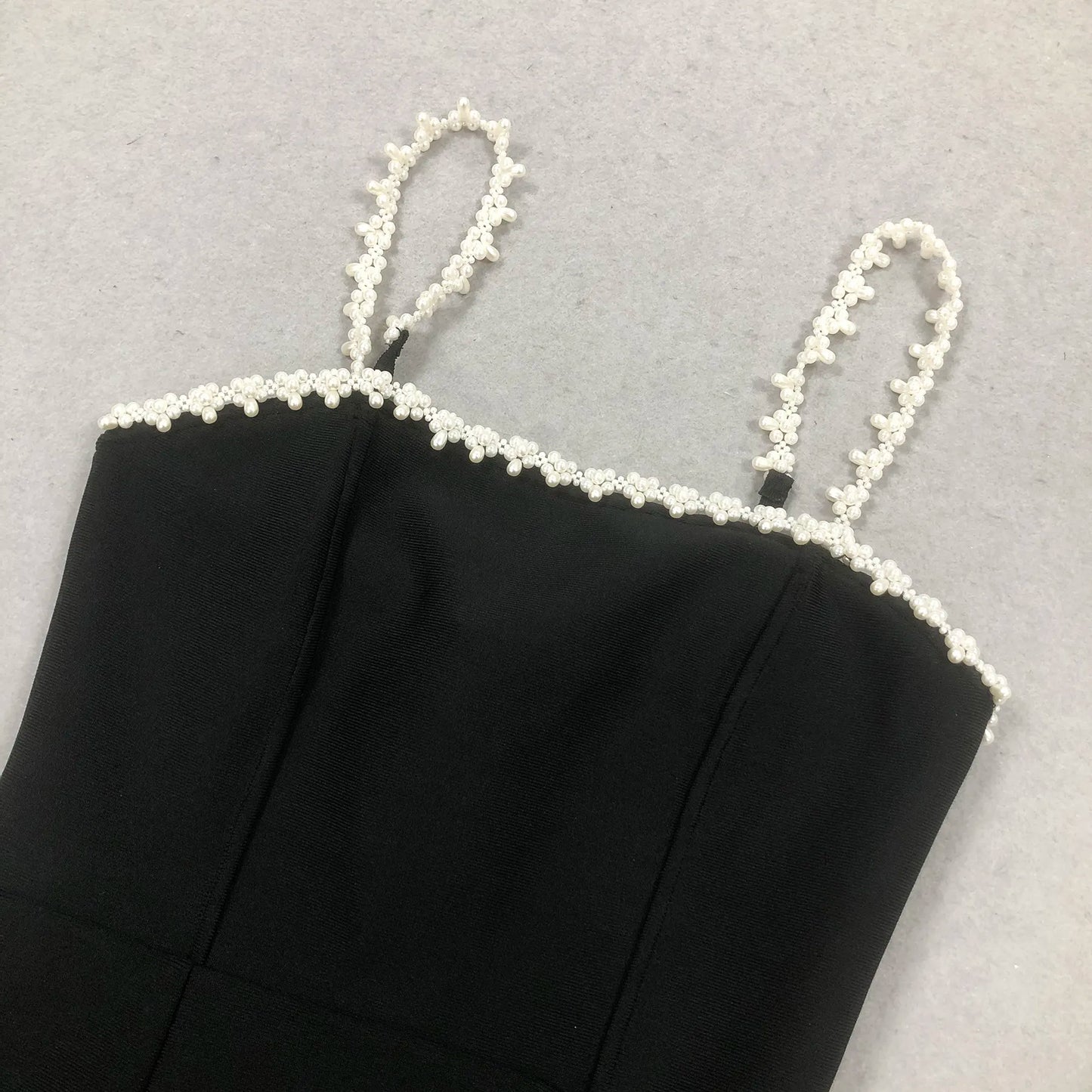 Ladies Club Dress Women Elegant Black Sleeveless Beaded Summer Sexy Chic Party Mini Dress With Pearl Spaghetti Strap
