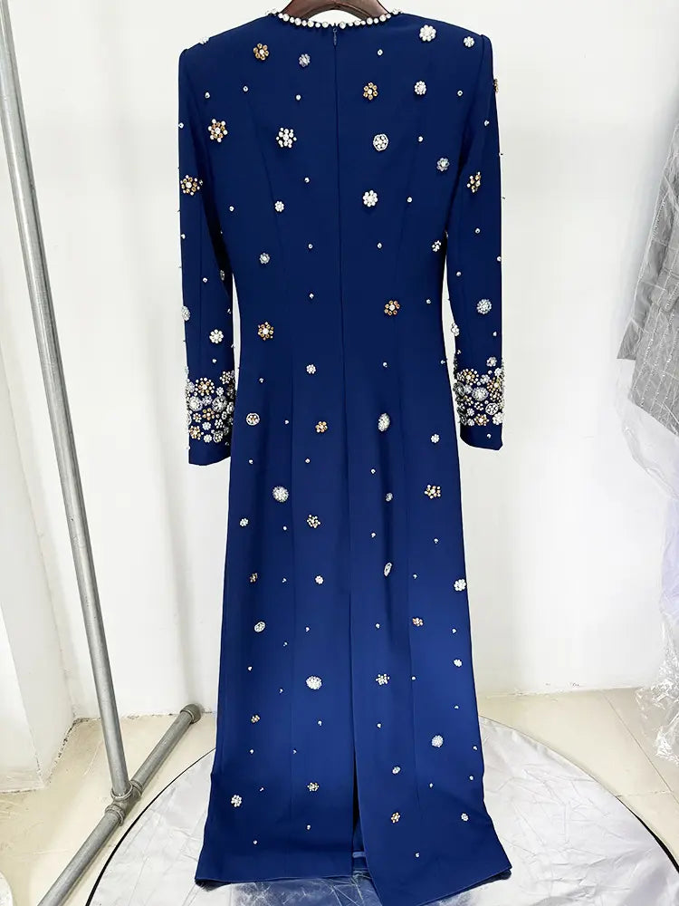 Luxury vestibule festa rhinestone pearl beaded maxi dress evening gown elegant dark blue women's maxi dress