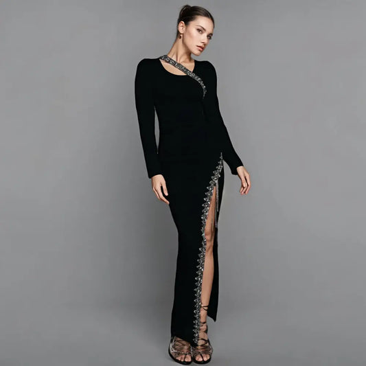 Luxury women's bodycon nightgown maxi formal bandage dress elegant long women's party evening gown dress with rhinestones and tassels