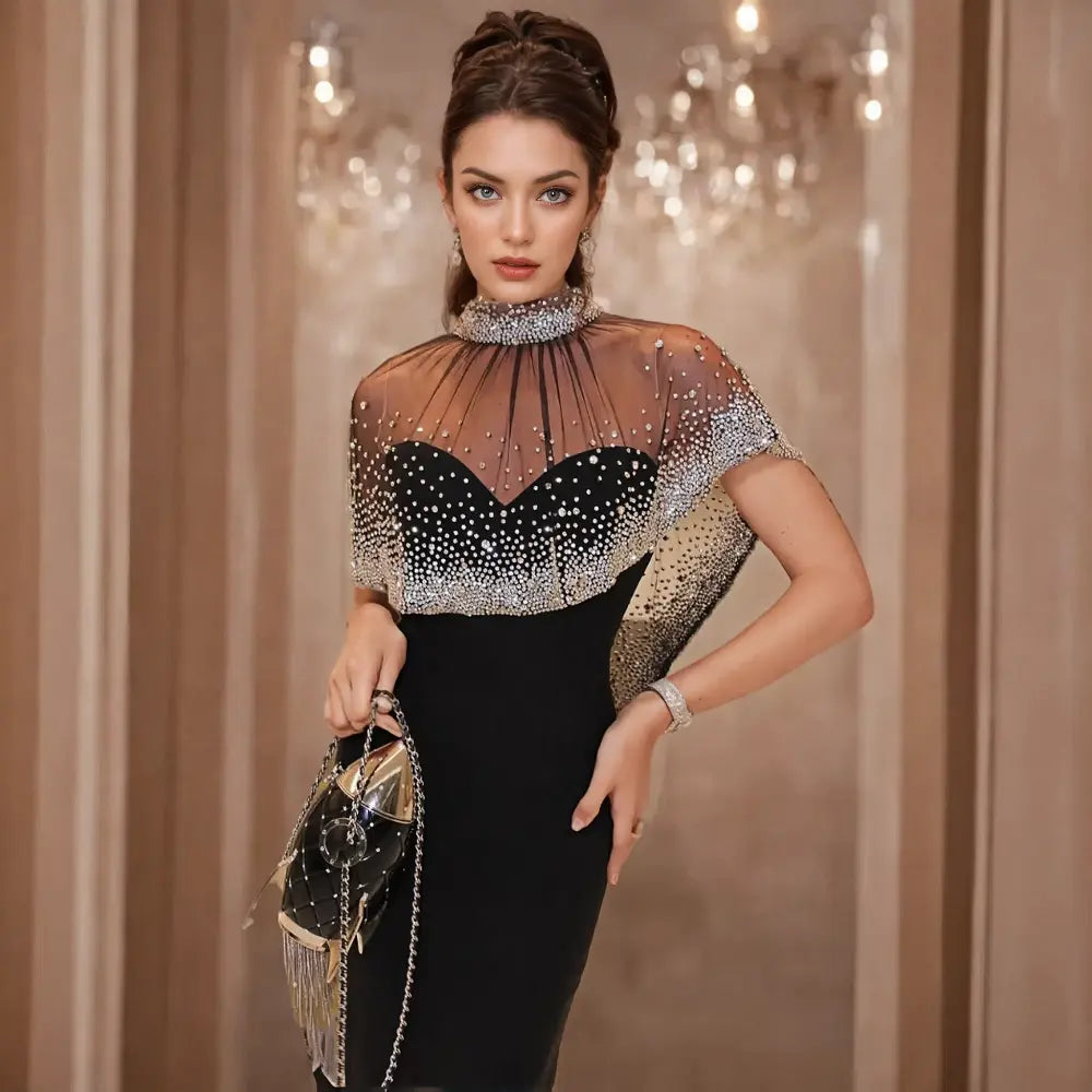 Custom Clothing Manufacturer 2025 Luxury Black Evening Dress Elegant Mermaid Gown with Sparkling Diamond Transparent Cape