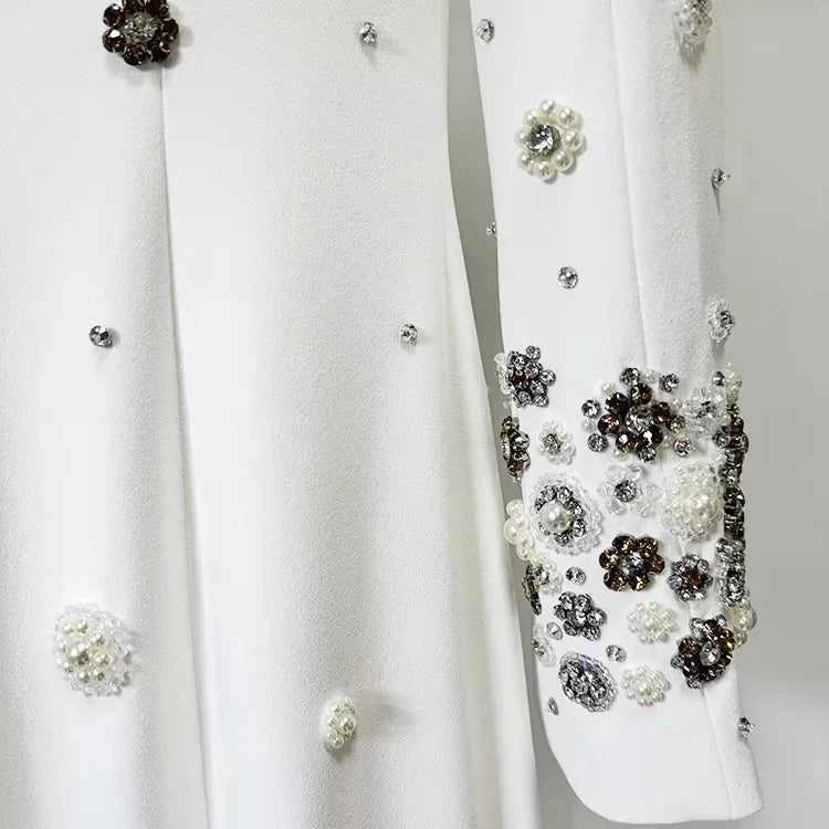 High Quality Womens Luxury Beaded Birthday Dress Womens Elegant Dress Long Sleeve White Evening Dress