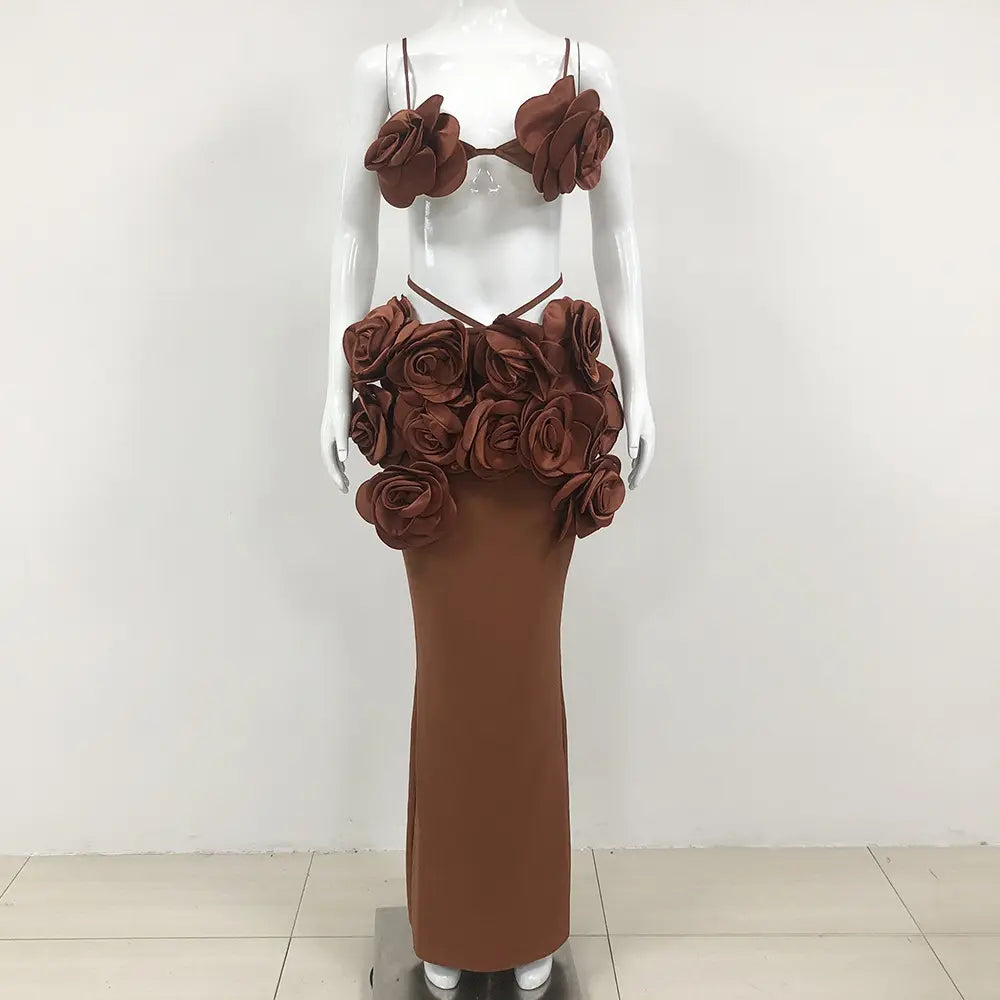 Trend 2025 Latest Arrivals Sexy Dark Brown Bandage Dress 3D Flower Top Floral Maxi Dress Two Piece Set