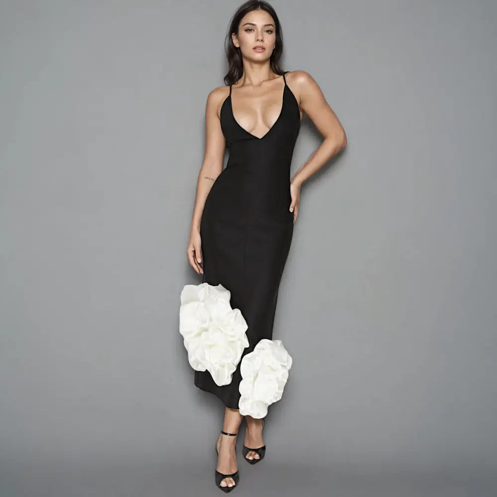 Custom high quality summer fashion elegant nightgown stylish women black deep v neck spaghetti strap 3d flower bandage dress