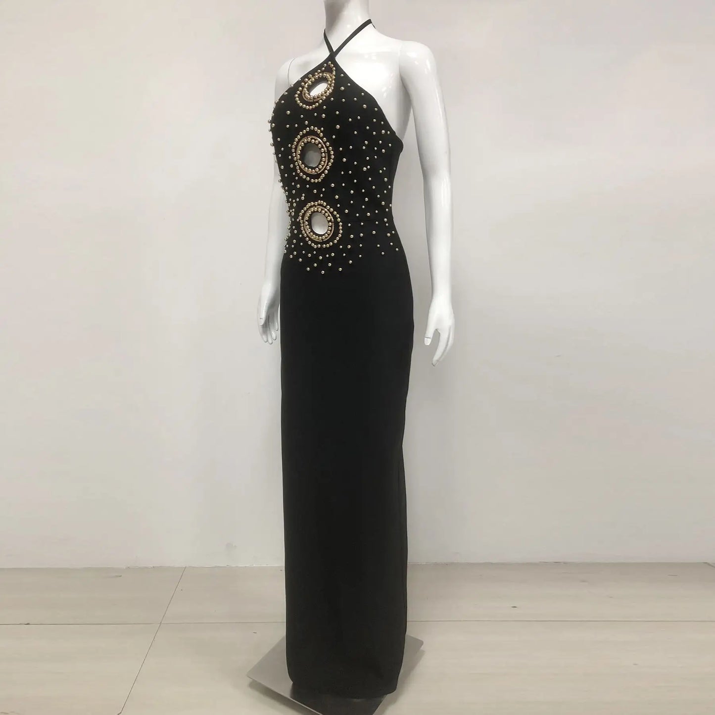 2025 Novelty Bandage Dress Women Black Long Bodycon Dress Elegant Backless Gold Beaded Party Evening Dress Women