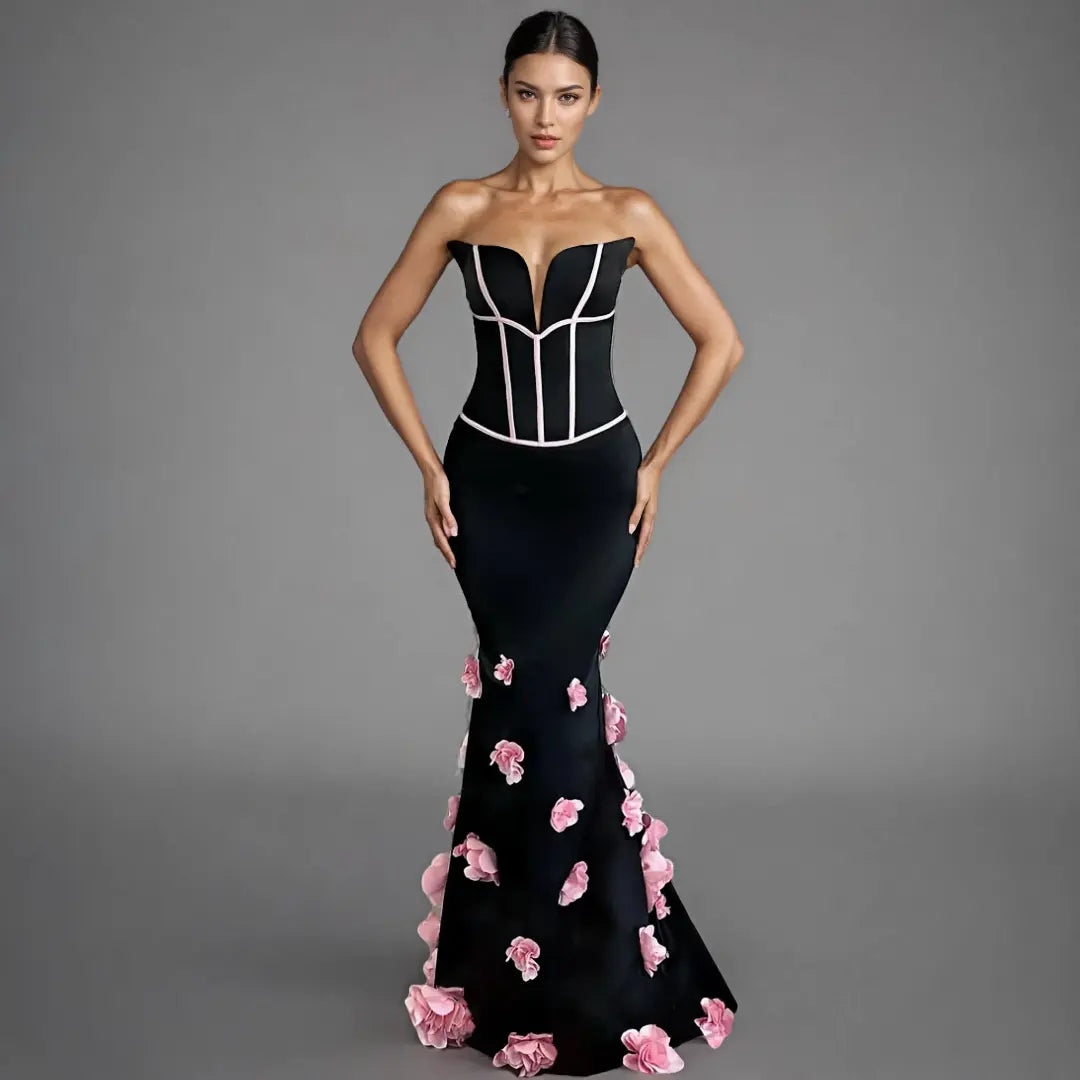 Luxury women's black dress party wear elegant high formal mermaid dress 3D pink flowers long dress evening gown