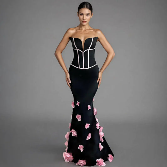 Luxury women's black dress party wear elegant high formal mermaid dress 3D pink flowers long dress evening gown