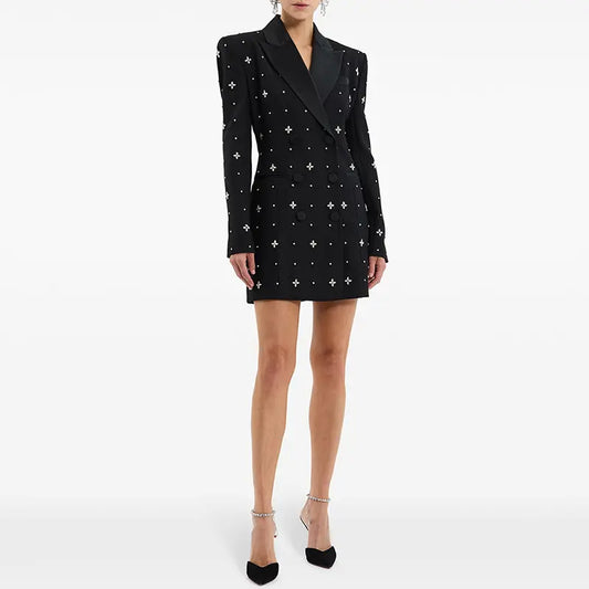Luxury OEM clothing manufacturer beaded rhinestone black suit short skirt dress female elegant ladies blazer dress