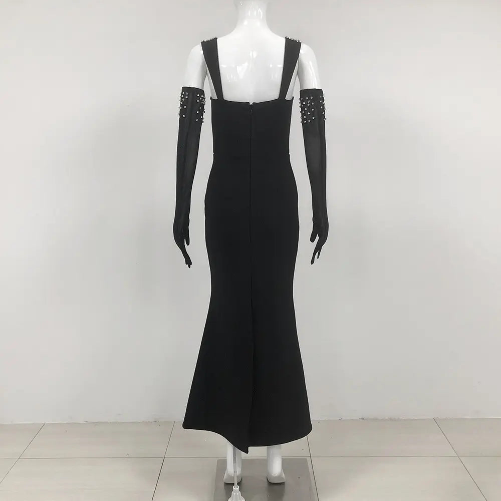 Custom Design Women Rhinestone Birthday Party Wear Black Long Bandage Gown Nightgown Maxi Dress With Gloves Evening Dress