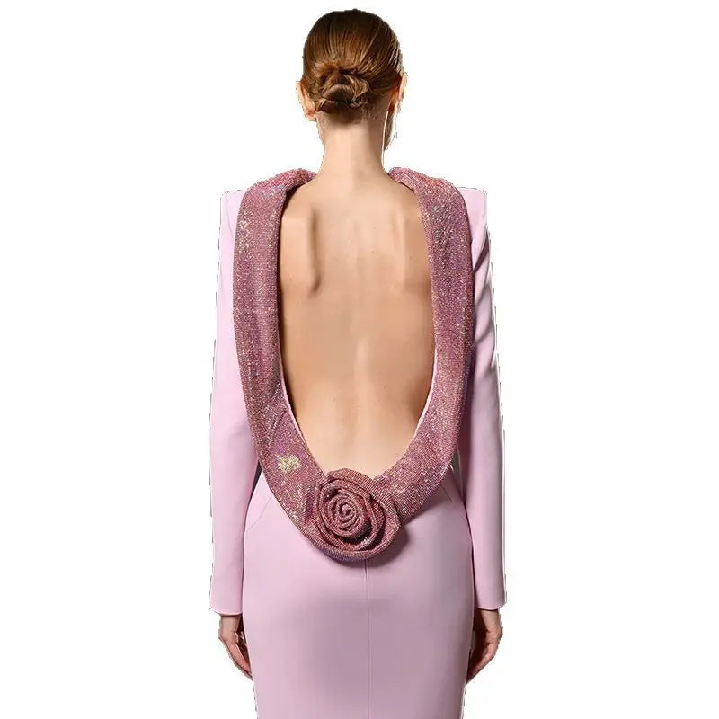 New Women's Autumn Bridesmaid Dresses Light Purple Long Party Dress Backless Diamond 3D Flowers Elegant Female Evening Dress