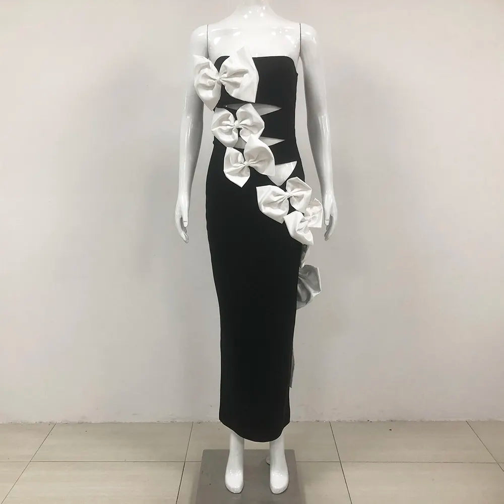 Custom women's dress manufacturer black long bodycon dress high bow evening gown