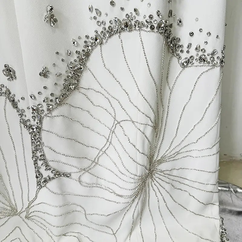 High quality custom made women's clothing manufacturing heavy duty beaded rhinestones long party dress luxury floor length white evening gown