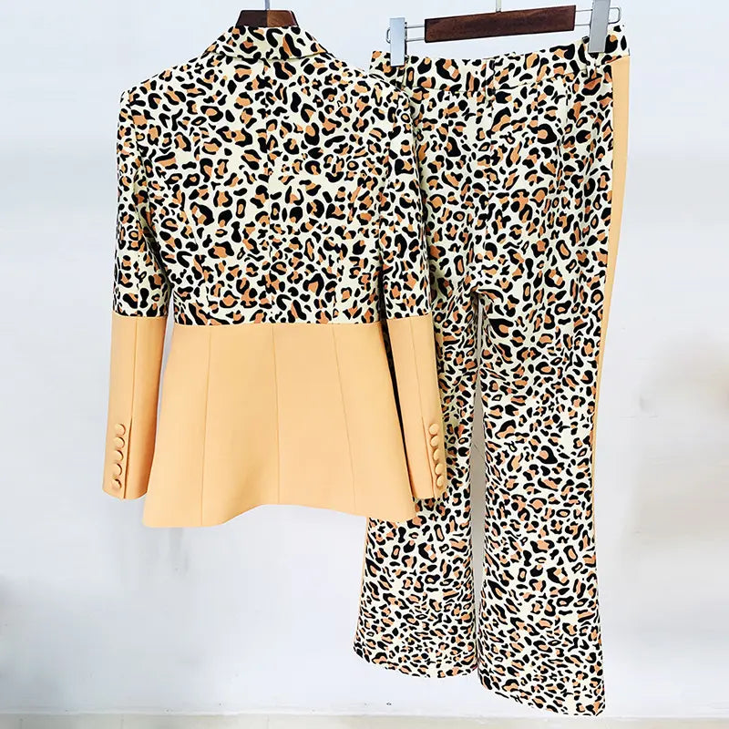 Trendy 2025 luxury brand women's clothing leopard print 2 piece suit block suit flared pants women's suit