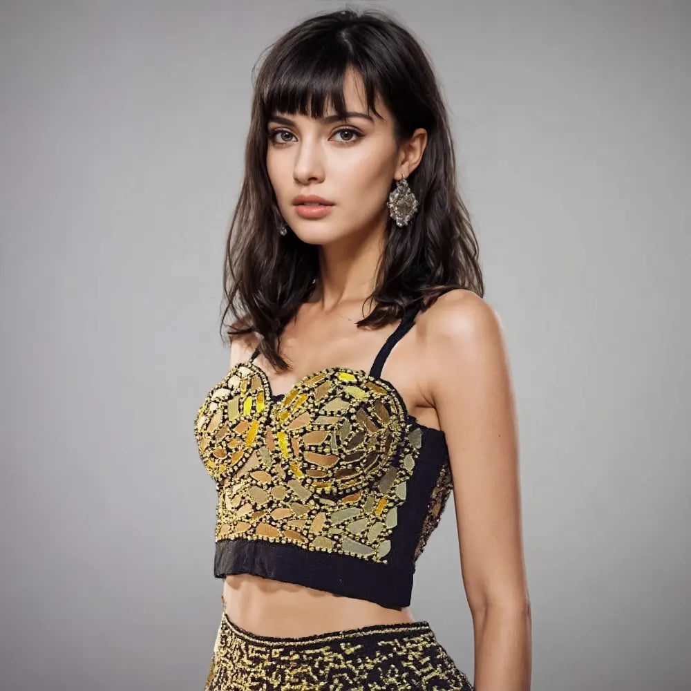 Glitter Gold Sequin Crop Top Party Nightclub Sparkling Beaded Corset Women 2025