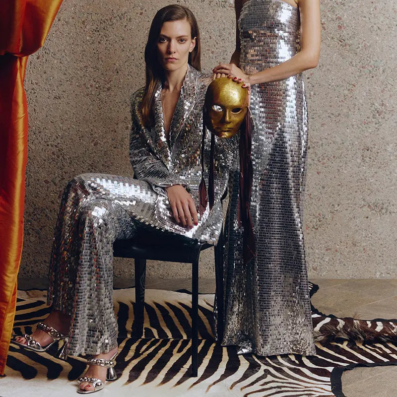 2025 New Fashion High-End Quality Women's Sports Jacket Mesh Silver Sequin Trousers Set Two-Piece Women's Sports Jacket Suit