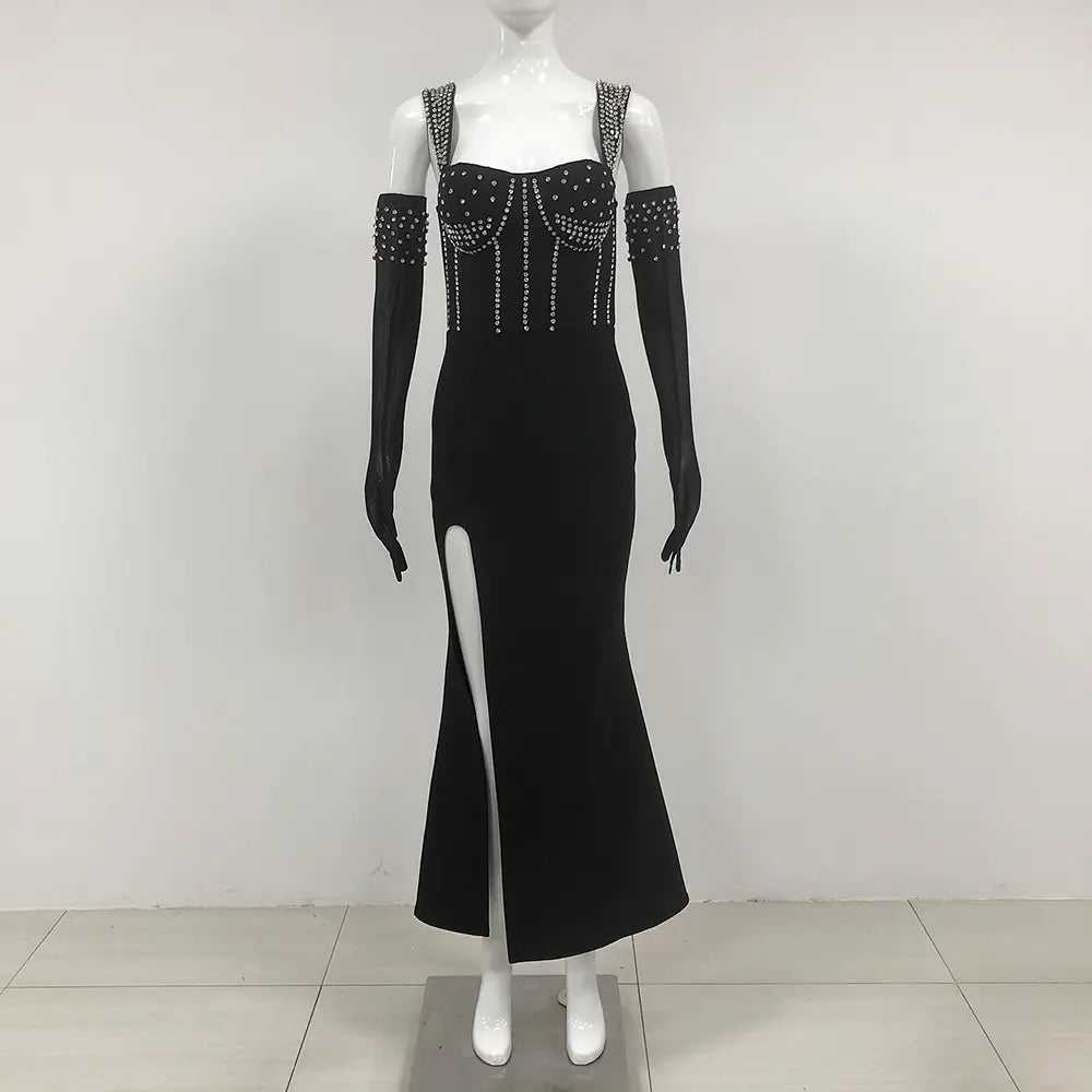 Custom Design Women Rhinestone Birthday Party Wear Black Long Bandage Gown Nightgown Maxi Dress With Gloves Evening Dress