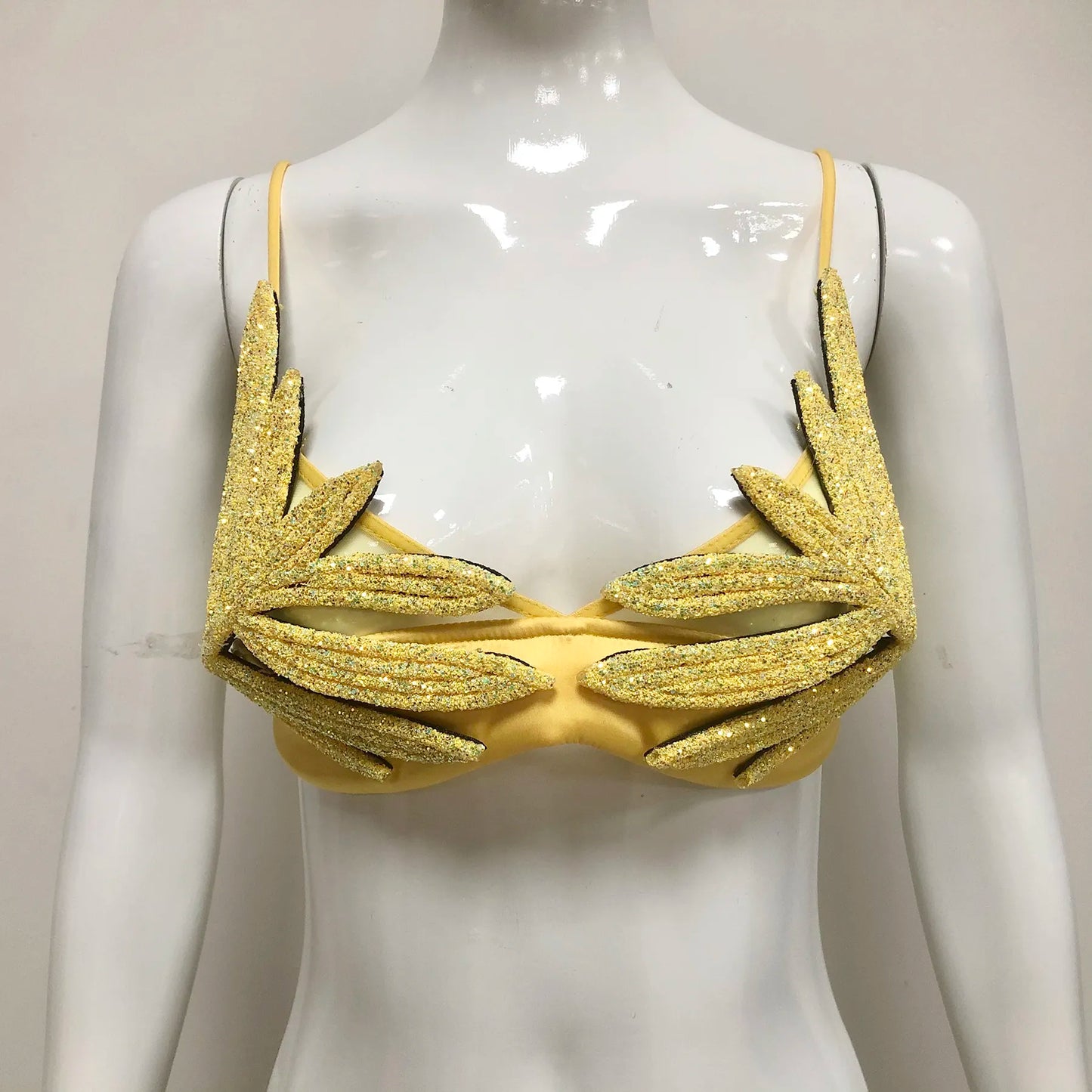 Wholesale high quality women's charming yellow glitter leaf design bra luxury sexy lingerie