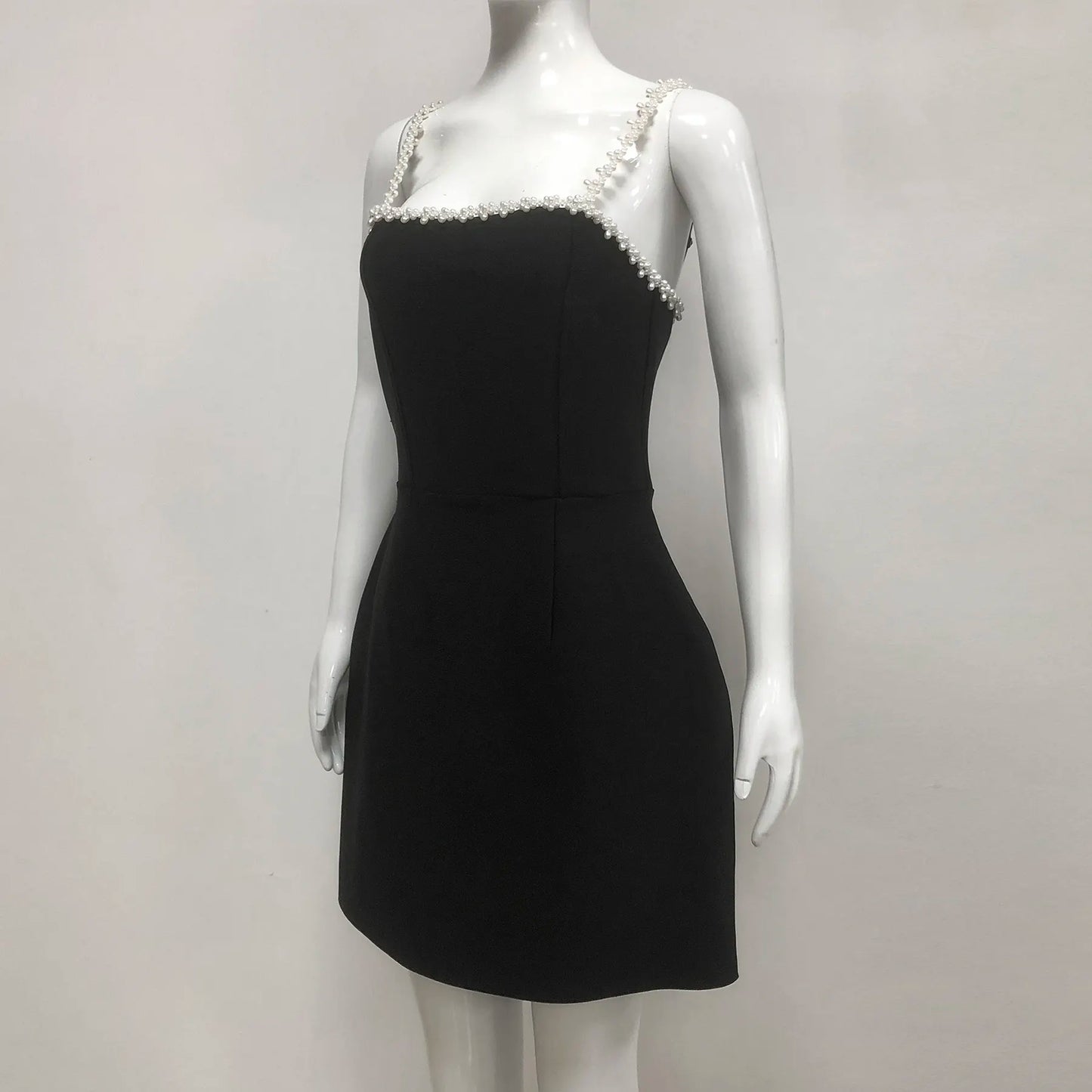 Ladies Club Dress Women Elegant Black Sleeveless Beaded Summer Sexy Chic Party Mini Dress With Pearl Spaghetti Strap