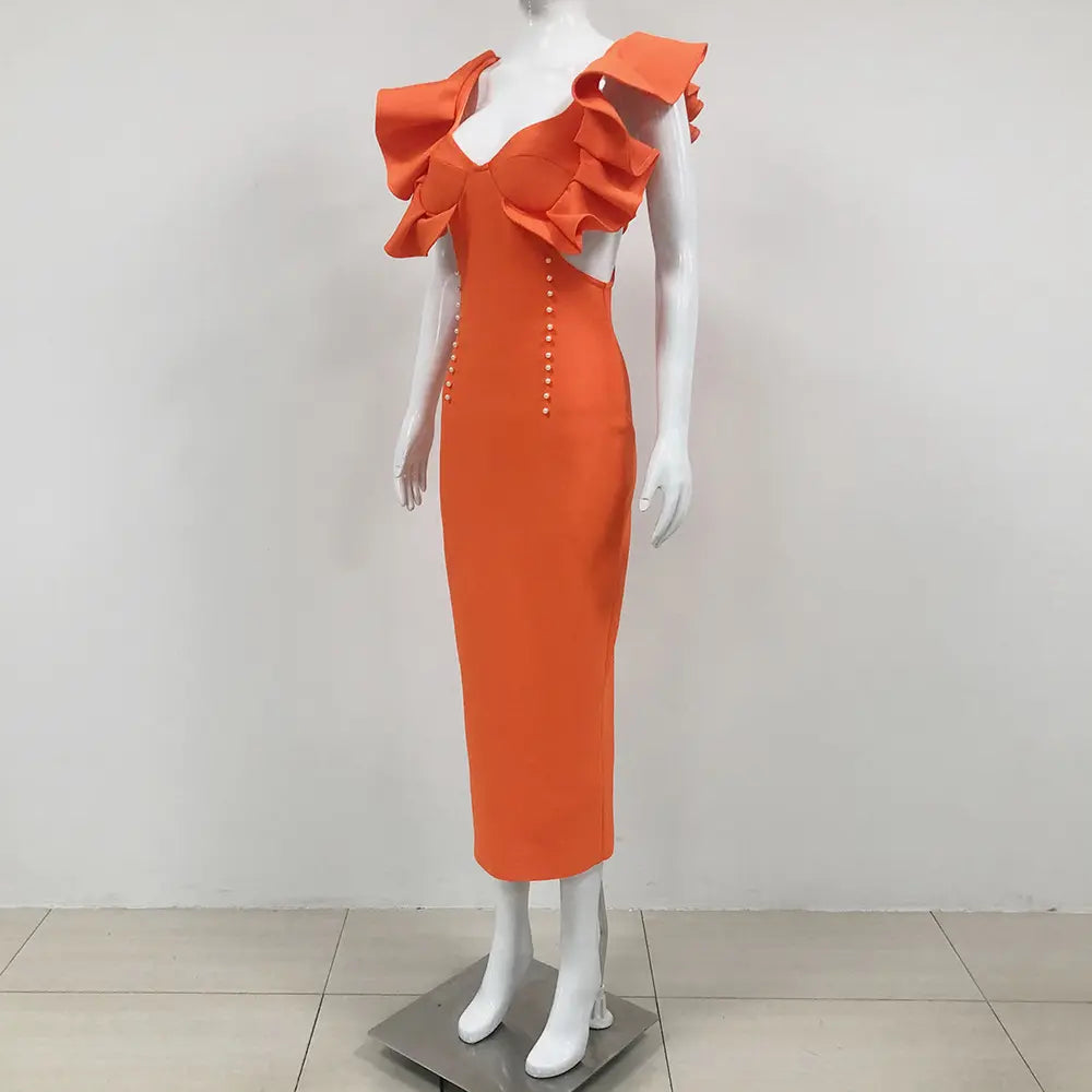 Wholesale Dropshipping Elegant Evening Dress Orange Bandage Dress Party Wear Luxury Women Ruffle Sleeve Evening Dress