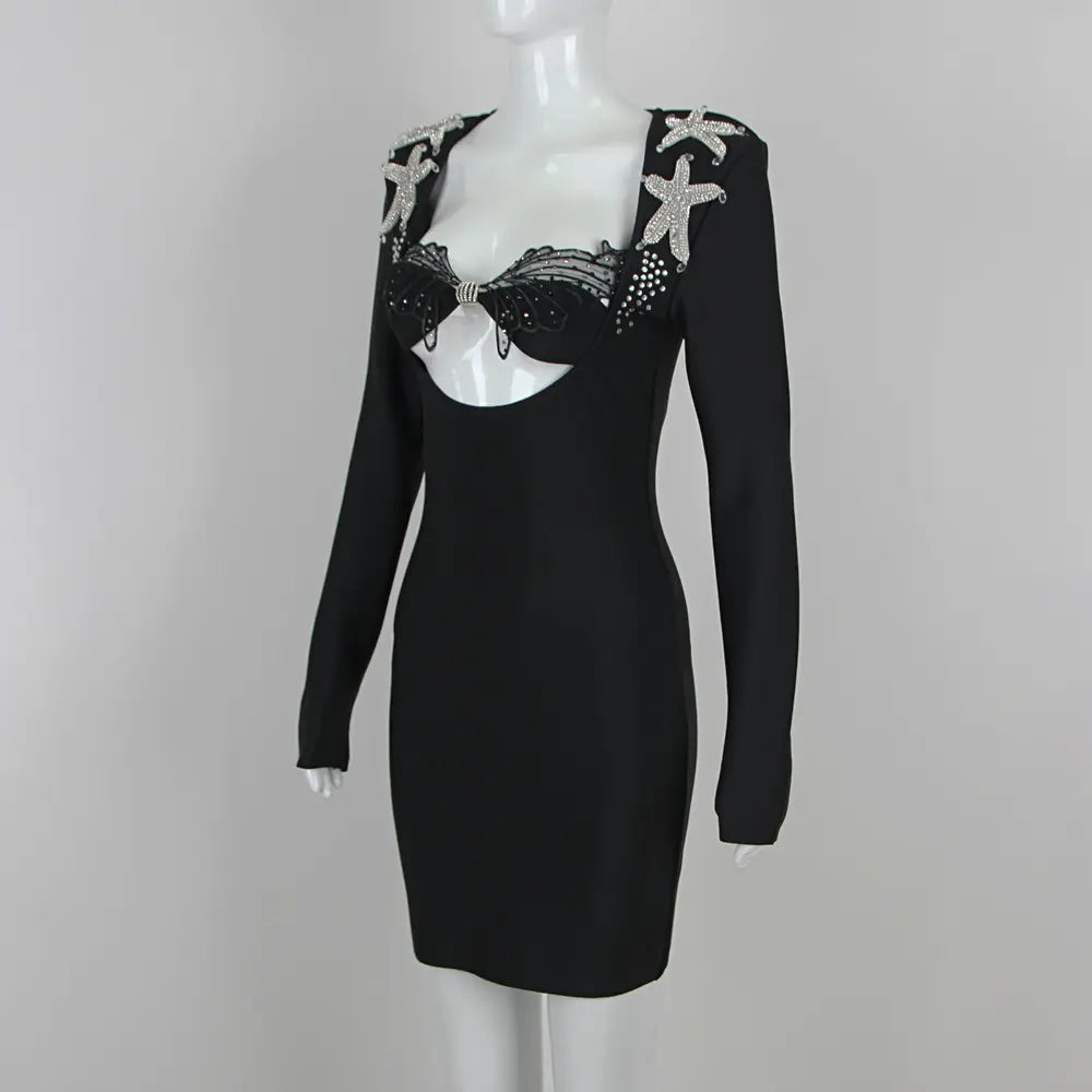 2025 New Arrival Summer Women's Black Formal Prom Bandage Mini Dress Sexy Short Party Dress Hollow Starfish Long Sleeve