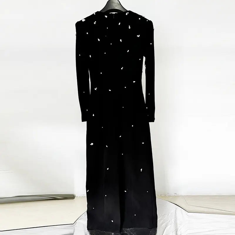 Wholesale Elegant Beaded Diamond Dress Long Sleeve Floor Standing Black Rhinestone Evening Dress