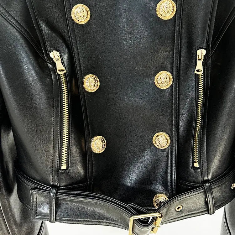 2025 Spring New Fashion Women's Black Suit Jacket Double Breasted Short High Quality Women's Leather Jacket