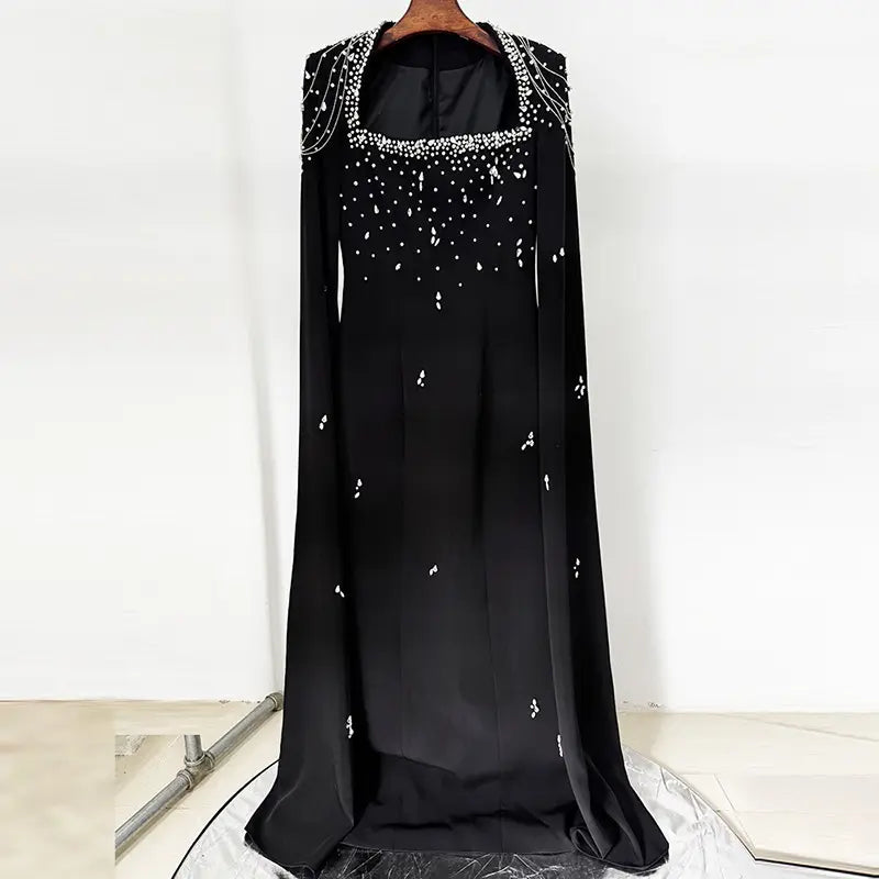 2025 Elegant Beaded Floor Standing Women's Formal Evening Dress Luxury Beaded Modest Evening Dress Long Cape Sleeves