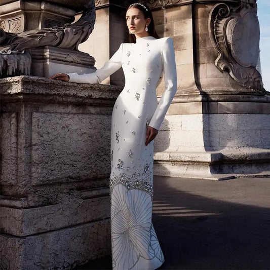 High quality custom made women's clothing manufacturing heavy duty beaded rhinestones long party dress luxury floor length white evening gown
