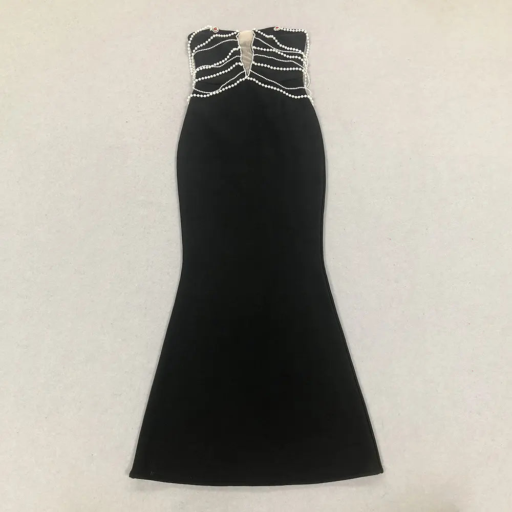 Elegant women's clothing women's long bodycon dress gown luxury sexy black bandage mermaid evening gown pearl chain