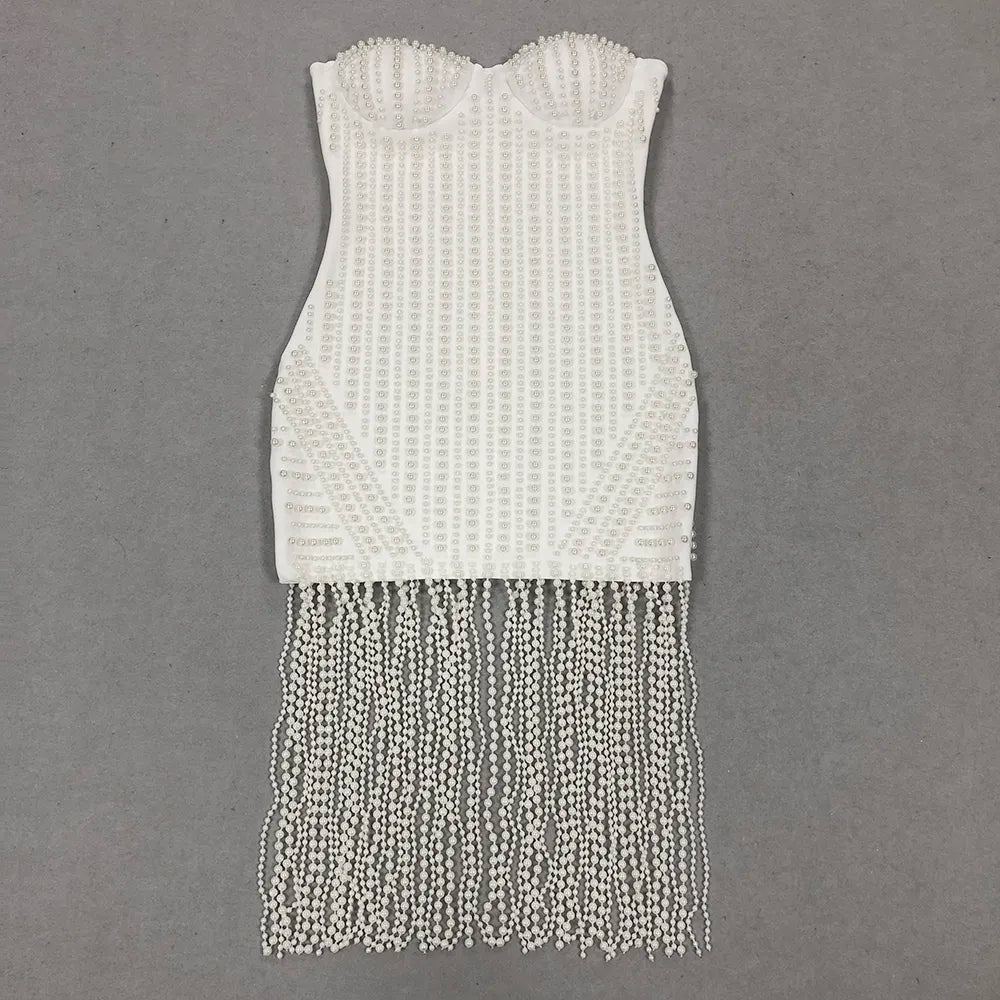 2025 Luxury Ball Gown Front De Noche De Luxo Women White Elegant Pearl Tassel Evening Dress Fashion Club Bandage Dress