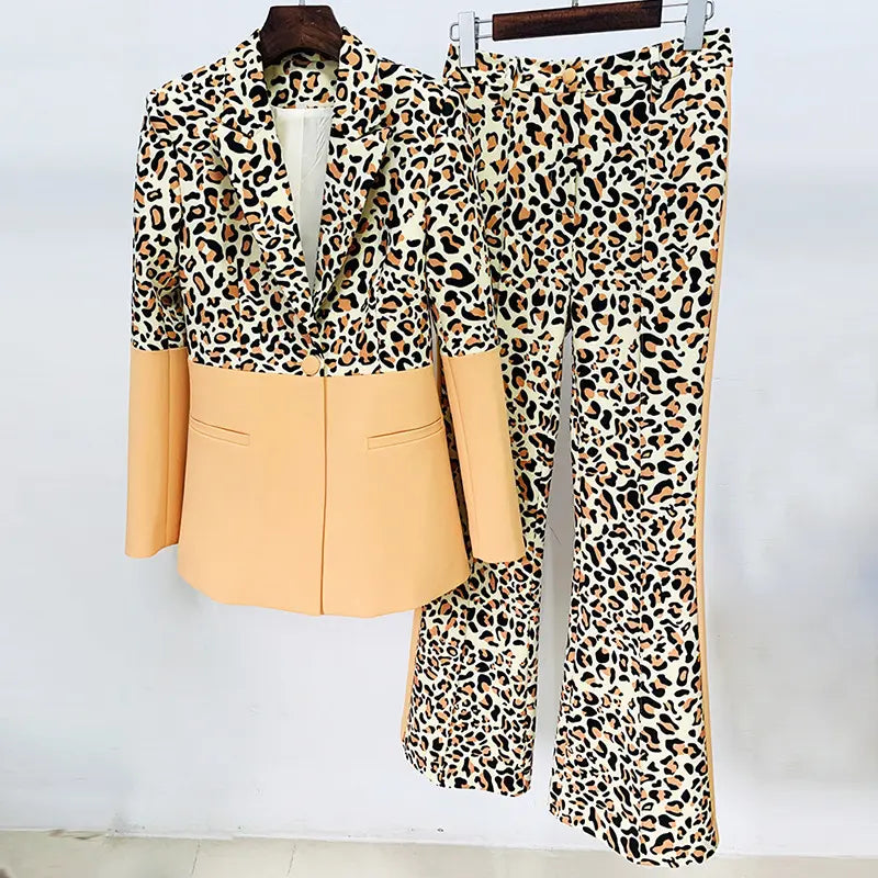 Trendy 2025 luxury brand women's clothing leopard print 2 piece suit block suit flared pants women's suit