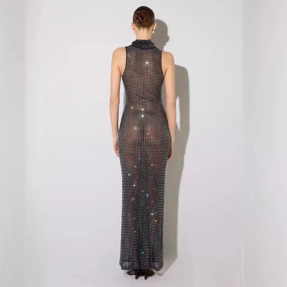 Luxury Diamond See-Through Maxi Nightgown Transparent Female Mesh Rhinestone Exquisite Transparent Sexy Evening Dress