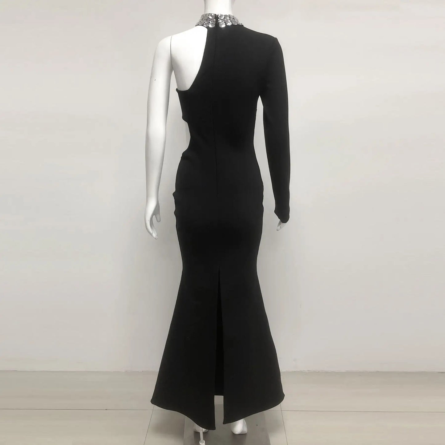 Luxury Long Black Bandage Bodycon Dress One Shoulder Elegant Gown Rhinestone Mermaid Gown Prom Evening Dress