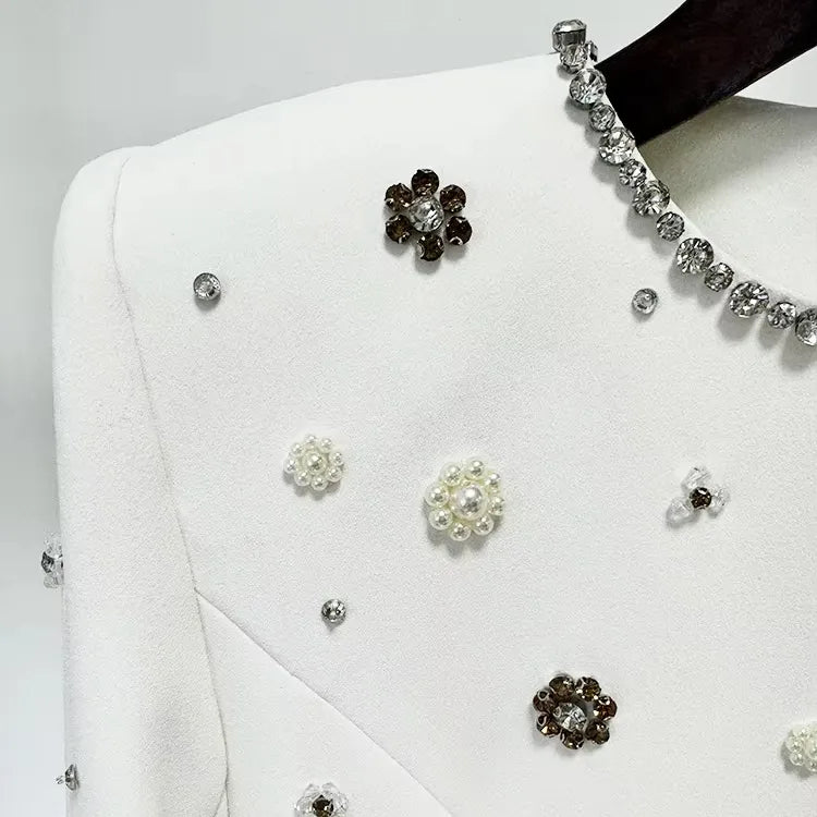 High Quality Womens Luxury Beaded Birthday Dress Womens Elegant Dress Long Sleeve White Evening Dress