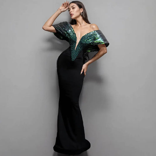 2025 Custom Luxury Beaded Evening Dress Gown Women Elegant Heavy Beaded Formal Long Women's Dress Deep V Mermaid Bandage Dress