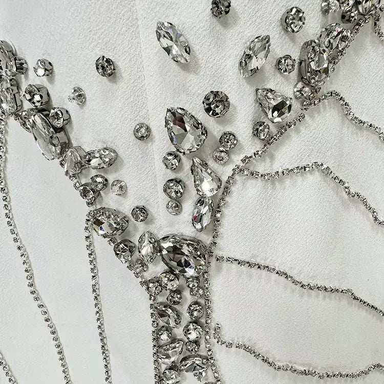 High quality custom made women's clothing manufacturing heavy duty beaded rhinestones long party dress luxury floor length white evening gown