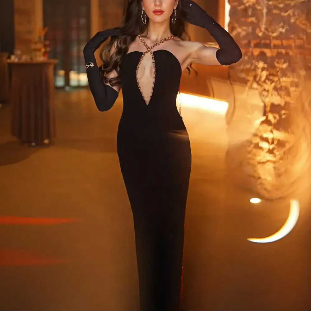 Luxury wedding dress women camisole metal chain black long tight evening dress women nightgown