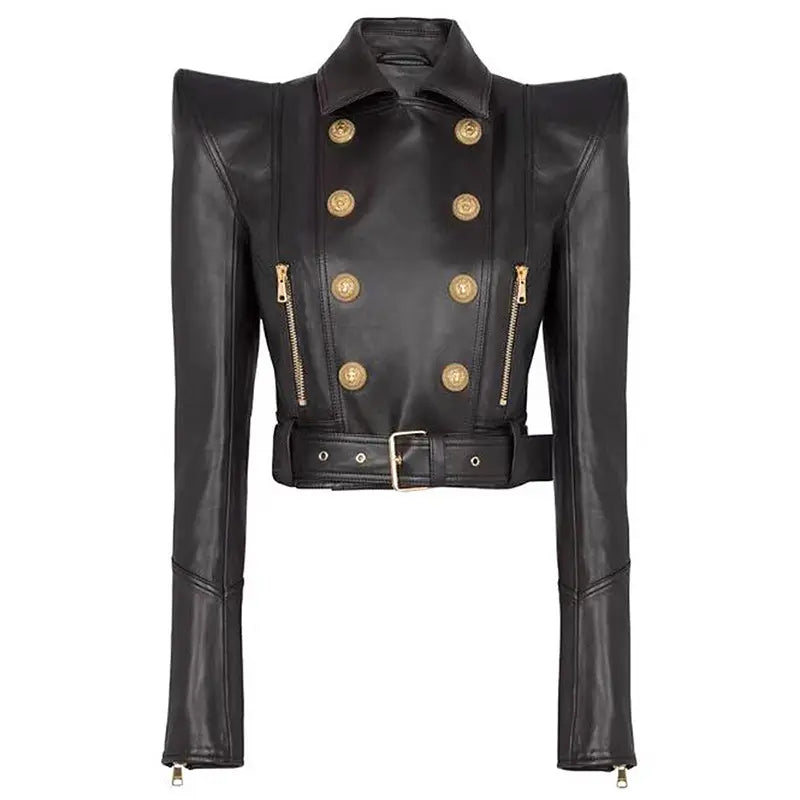 2025 Spring New Fashion Women's Black Suit Jacket Double Breasted Short High Quality Women's Leather Jacket