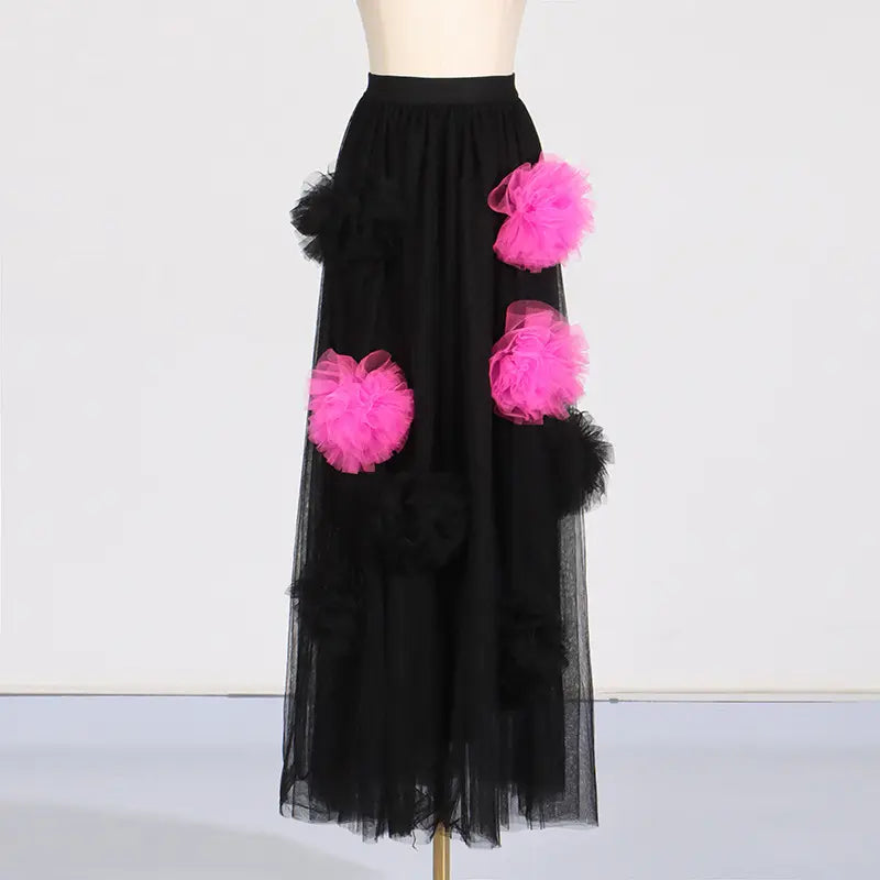 Summer Women's Casual Tulle Dress with Flowers Semi-transparent Maxi Dress