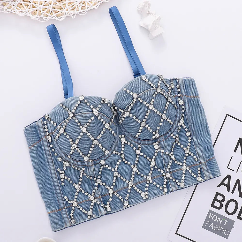 Wholesale women's custom diamond denim corset rhinestone corset cropped denim camisole top