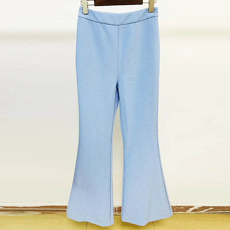 Custom-made factory-made fashion brand clothing single-button sports jacket vest bra bell-bottom pants sky blue three-piece women's suit