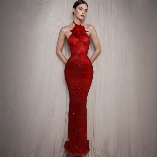 Luxury custom women's summer diamond glitter ball gown red flower women's party elegant diamond evening dress