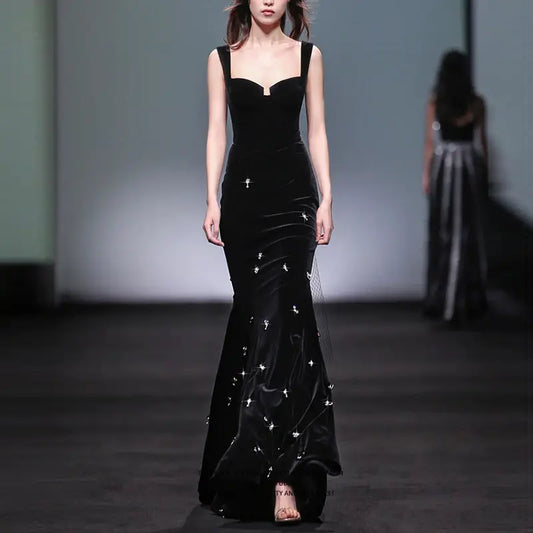 High quality women's elegant mermaid dress spaghetti strap beaded maxi dress women's velvet dress ladies evening dress