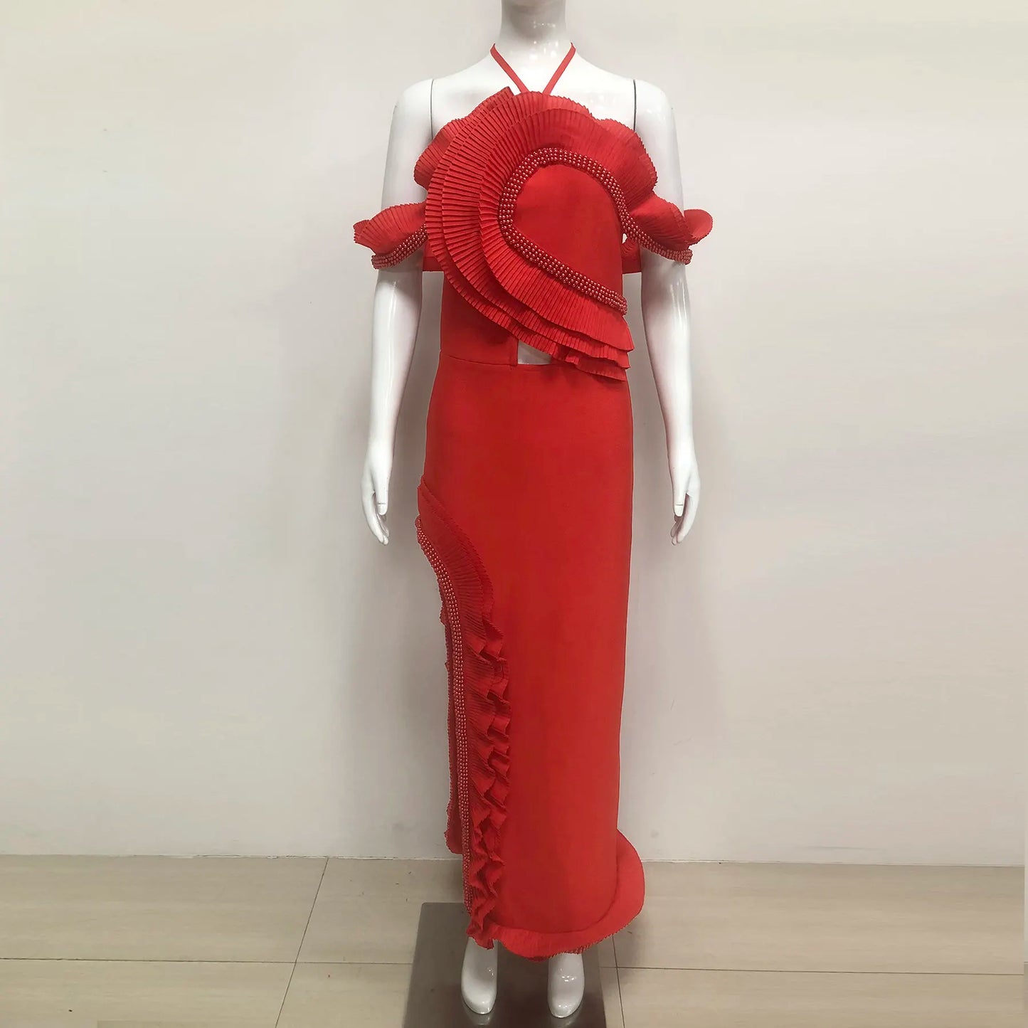 High Quality Party Dress Luxury Ruffle Long Bodycon Backless Red Dress Fashion Show Set Women Elegant Gown Evening Dress