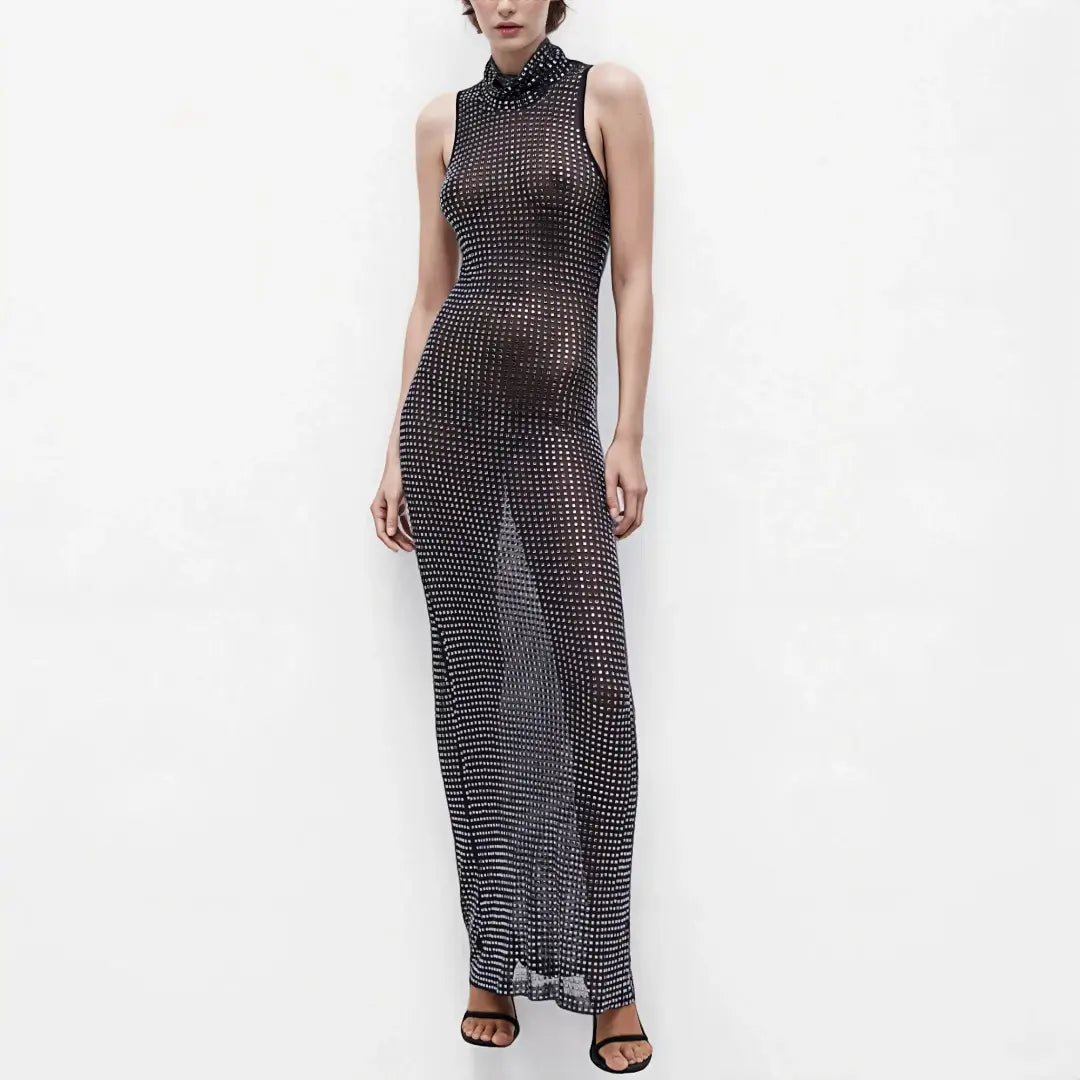 Luxury Diamond See-Through Maxi Nightgown Transparent Female Mesh Rhinestone Exquisite Transparent Sexy Evening Dress