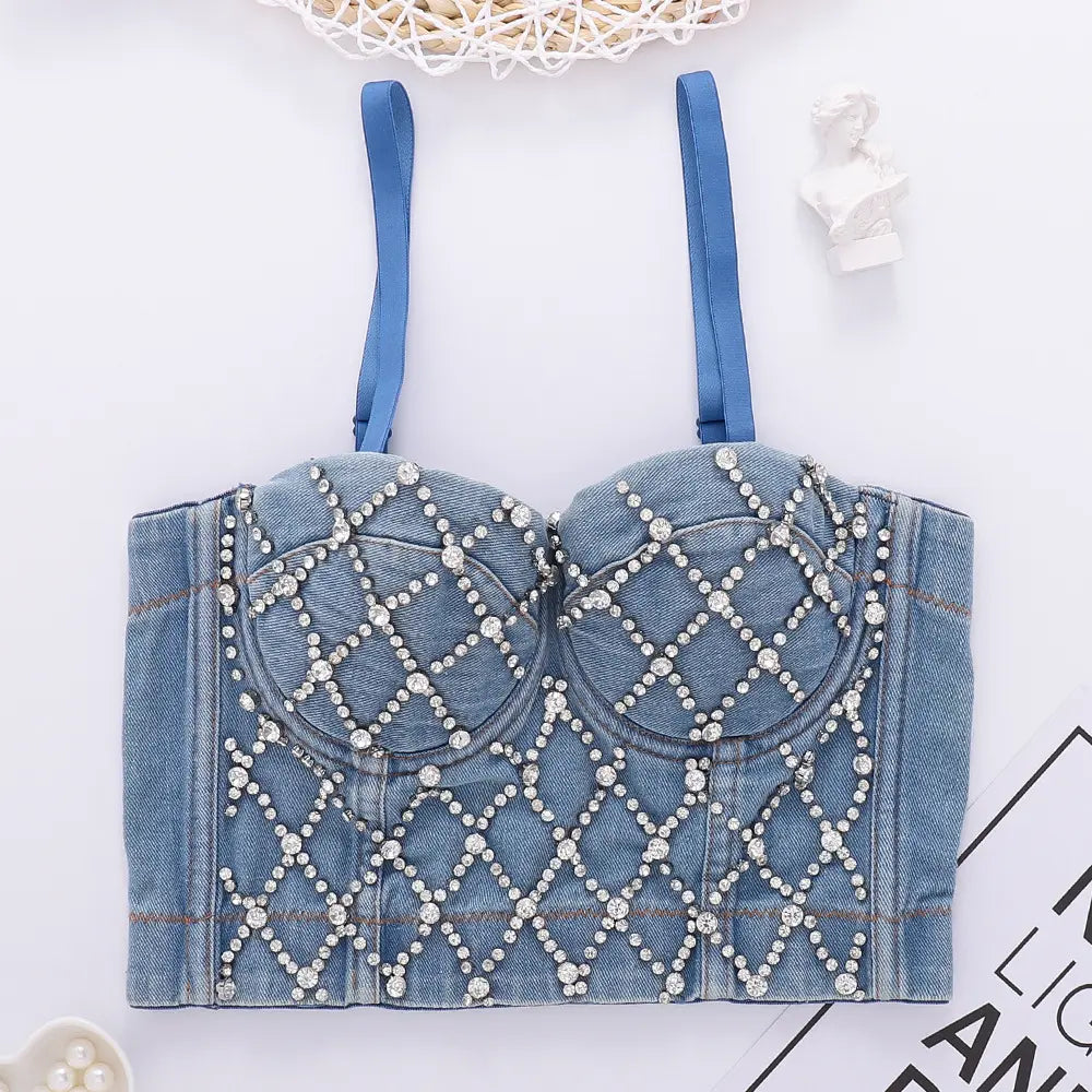Wholesale women's custom diamond denim corset rhinestone corset cropped denim camisole top