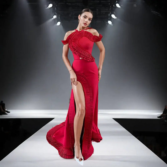 High Quality Party Dress Luxury Ruffle Long Bodycon Backless Red Dress Fashion Show Set Women Elegant Gown Evening Dress