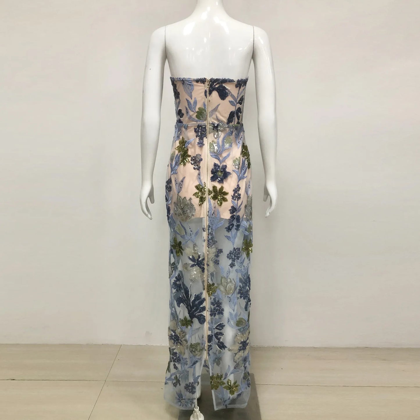 Custom Women's Boutique Clothing Embroidered Dress Elegant Long Transparent Design Handmade Sequin Embroidery Floral Dress